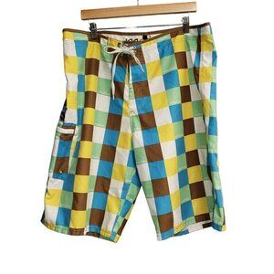 Matix Progress Army Mens Boardshorts Size 38 Blue Green Yellow Brown Ivory Pre-O